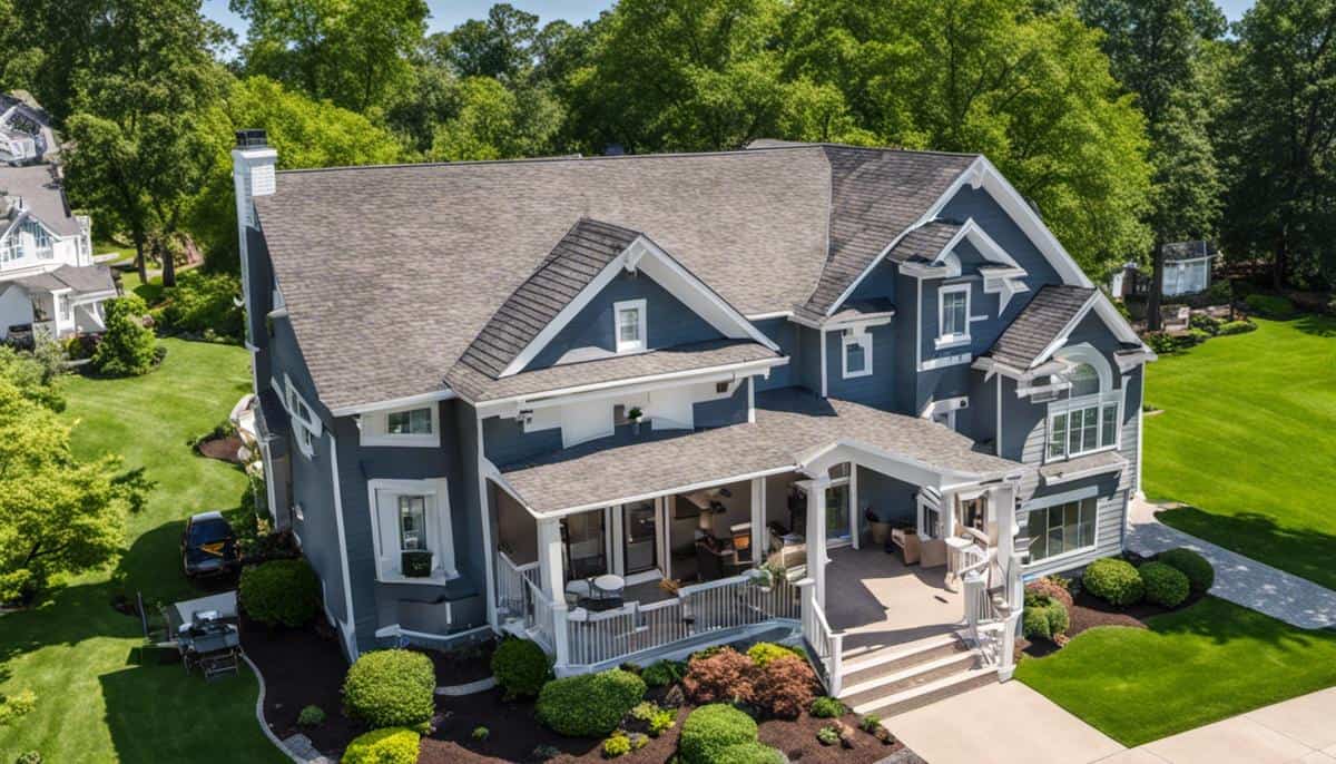 A drone in mid-air conducting a home inspection with a real estate property in the background.