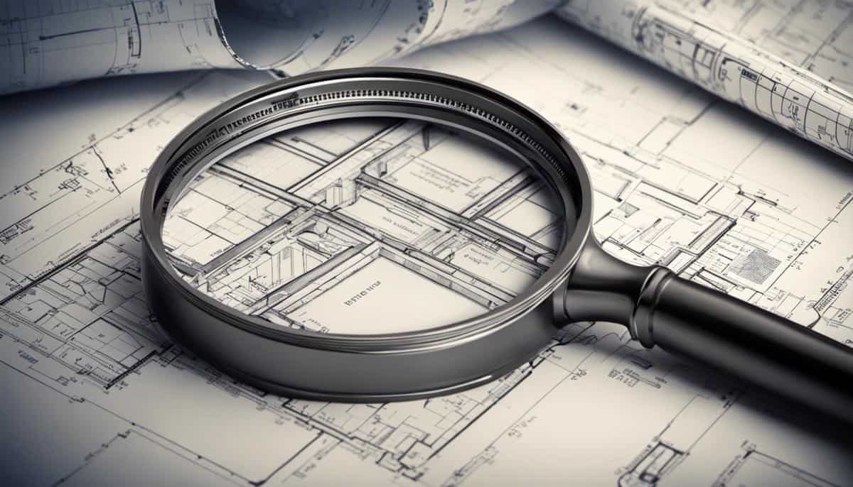 Illustration of a blueprint with a magnifying glass, representing a new construction inspection